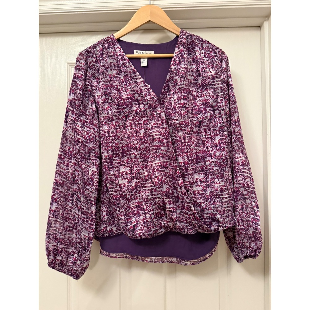 WHBM Outlet Burnout Surplice Blouse Women 10 Purple Geometric V-Neck Long Sleeve